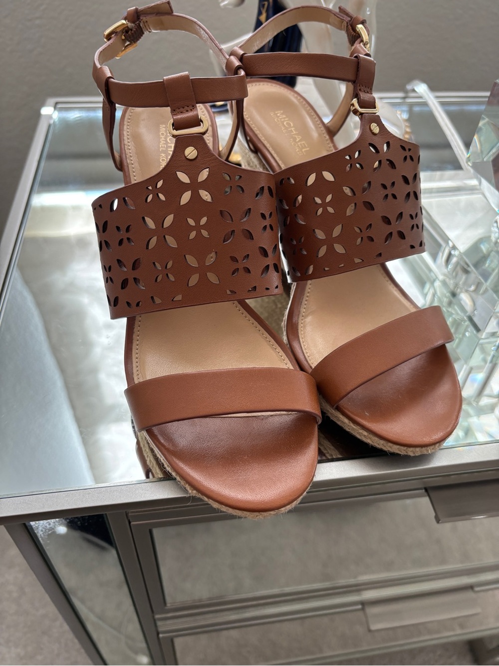 Michael Kors Tan Laser-Cut Leather Wedge Sandals